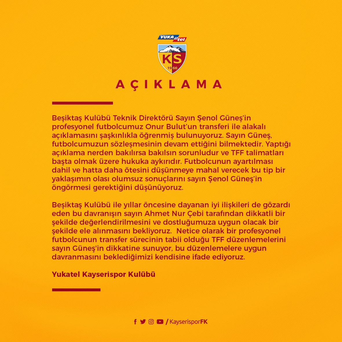 Kayserispor’dan Şenol Güneş’e Onur Bulut tepkisi