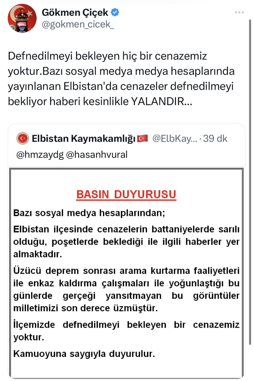 VALİ ÇİÇEK: “ELBİSTAN’DA ‘CENAZELER DEFNEDİLMEYİ BEKLİYOR’ HABERİ KESİNLİKLE YALANDIR”